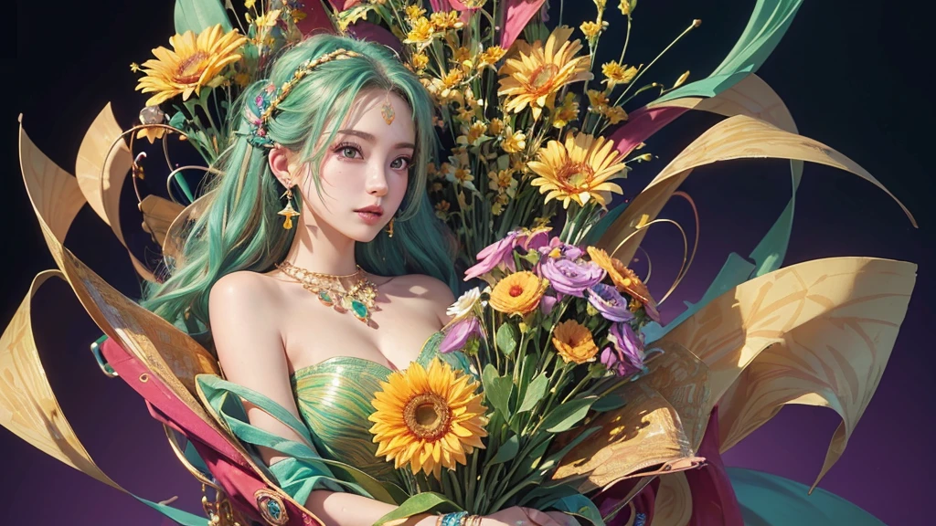 32K, 最高quality, 最高masterpiece, (ultra-Detailed Background, Detailed Background), High resolution, Super detailed, Very detailedな, One girl, (bouquet:1.3), (Tangled:1.2), (Geometric:1.2),(colorful),(masterpiece, quality, best quality, Official Art, Beautiful and beautiful:1.2), (1 girl:1.3), Very detailed,(colorful:1.1)(Flowers:1.3),Most detailed,(Tangled:1.2), whole body, (Abstract background:1.3), (Skin glows), (Many colors:1.4), ,(Earrings Jewelry:1.5), Light green background,