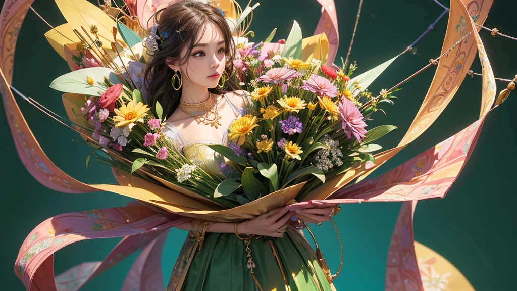 32K, 最高quality, 最高masterpiece, (ultra-Detailed Background, Detailed Background), High resolution, Super detailed, Very detailedな, One girl, (bouquet:1.3), (Tangled:1.2), (Geometric:1.2),(colorful),(masterpiece, quality, best quality, Official Art, Beautiful and beautiful:1.2), (1 girl:1.3), Very detailed,(colorful:1.1)(Flowers:1.3),Most detailed,(Tangled:1.2), whole body, (Abstract background:1.3), (Skin glows), (Many colors:1.4), ,(Earrings Jewelry:1.5), Light green background,