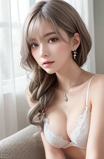 White lace thong bra, Large Breasts, (((Very elegant and beautiful, Perfect detail, Very detailed))), ((whole body、Spread your legs)), The most detailed girl, Written boundary depth, 美しく詳細なwhole body, Thin legs, 1 girl, 18-year-old, Very short hair, Spiked Hair, Gray and silver hair, Beautiful detailed hair, Perfect Face, Expressionless, Beautiful, detailed, deep eyes, Please open your mouth a little, Delicate arms and hands, Pale skin, Earrings, Beautiful and gorgeous necklace, Colorful background, HD background, Blurred Background, Very delicate and beautiful, masterpiece, (((Highest quality, Very beautiful 8K CG wallpaper))), (((Trendy hairstyles))), (Inside the room,Stylish interior,window), Cleavage, Perfect beautiful young body, Perfectly balanced body, Going to bed、Sleep on your back、sprawl、Lie、Lie on your back,