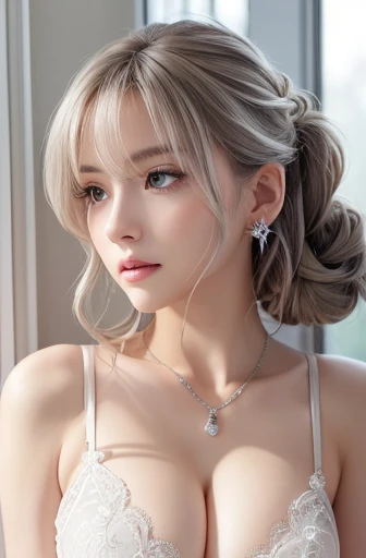 White lace thong bra, Large Breasts, (((Very elegant and beautiful, Perfect detail, Very detailed))), ((whole body、Spread your legs)), The most detailed girl, Written boundary depth, 美しく詳細なwhole body, Thin legs, 1 girl, 18-year-old, Very short hair, Spiked Hair, Gray and silver hair, Beautiful detailed hair, Perfect Face, Expressionless, Beautiful, detailed, deep eyes, Please open your mouth a little, Delicate arms and hands, Pale skin, Earrings, Beautiful and gorgeous necklace, Colorful background, HD background, Blurred Background, Very delicate and beautiful, masterpiece, (((Highest quality, Very beautiful 8K CG wallpaper))), (((Trendy hairstyles))), (Inside the room,Stylish interior,window), Cleavage, Perfect beautiful young body, Perfectly balanced body, Going to bed、Sleep on your back、sprawl、Lie、Lie on your back, 