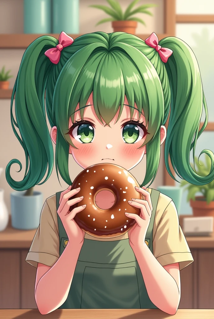 A girl with two green pony tail with her papa green hair and donut