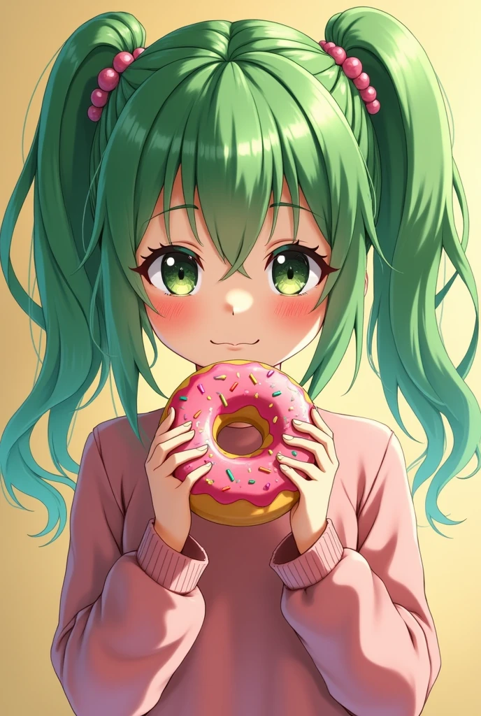A girl with two green pony tail with her papa green hair and donut
