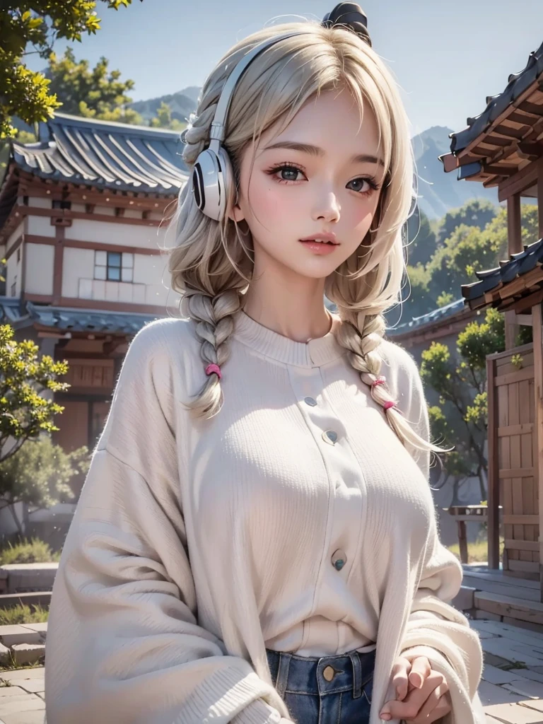 ((face, style)).(Upper body portrait:1.5)((masterpiece:1.5))((alone、Huge headphones:1.5、A woman wearing a large duffle coat、Shorts、コートでShortsが隠れる、Put your hands in your pockets、Detailed face、Big Eyes、Bright expression、Big beautiful breasts、Best Looks、Ultimate beauty、Shiny silver hair with highlights、明るい and shiny hair,、Modern Hairstyles、Hair dancing in the wind))(morning、Countryside Winter、Abandoned station platform)Please look away from here、Beautiful profile