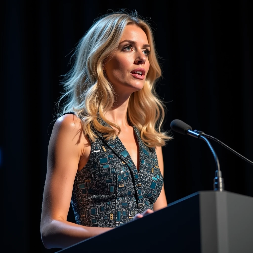 Standing and making a speech, in front of the lectern with a microphone, a woman 30 years old white woman she has wavy hair, she has blond hair, blue eyes, slim face and nose, slim, wearing a dress with glittering integrated circuits and electronic components, intense gazing eyes, ultra-resolution, intricately detailed, high shot, from face.