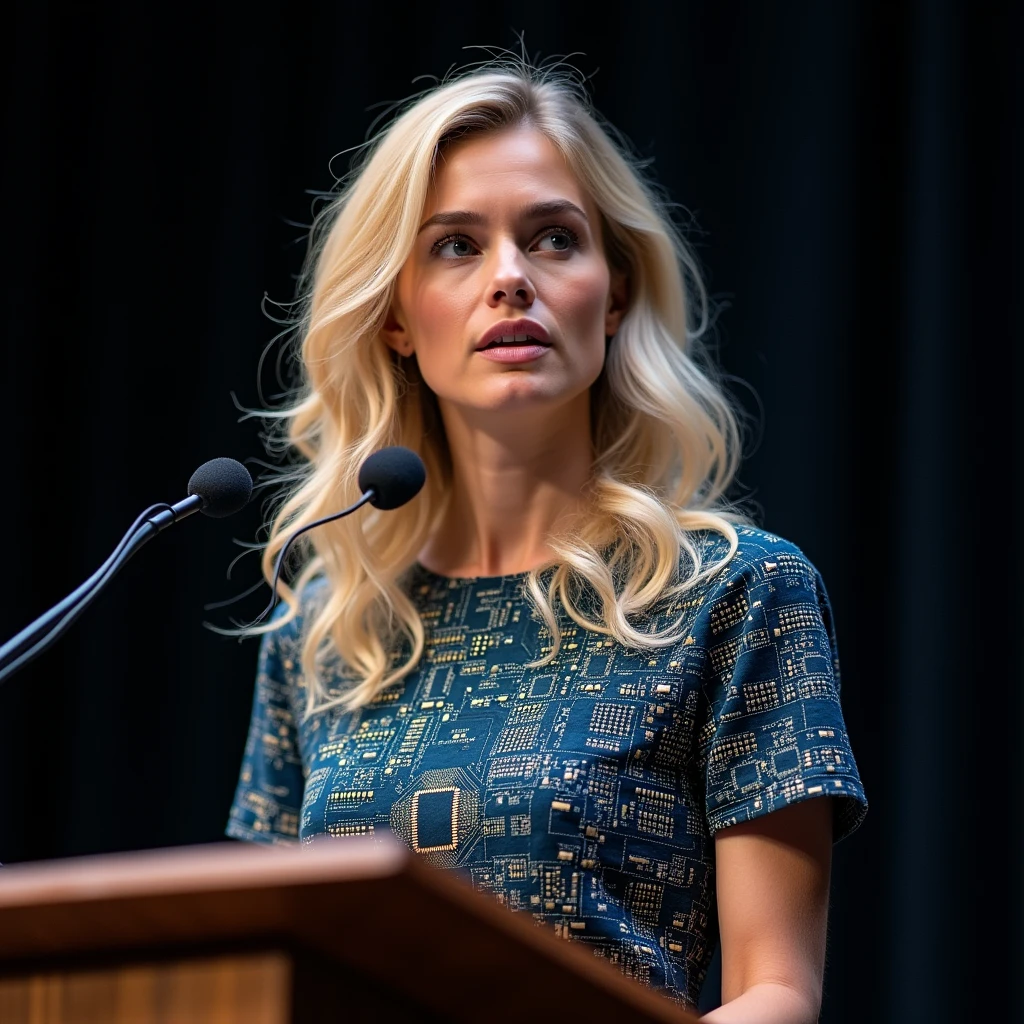 Standing and making a speech, in front of the lectern with a microphone, a woman 30 years old white woman she has wavy hair, she has blond hair, blue eyes, slim face and nose, slim, wearing a dress with glittering integrated circuits and electronic components, intense gazing eyes, ultra-resolution, intricately detailed, high shot, from face.