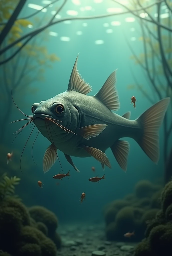 Can you generate an image with the following description please?.
Example of a temporary protective relationship (not., A male catfish with its fry).
