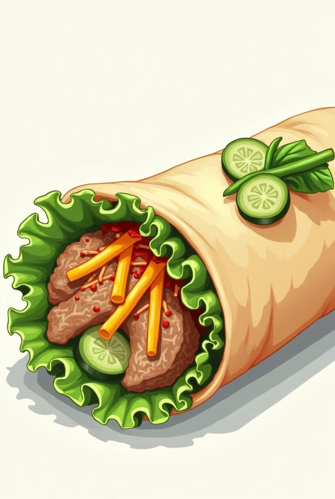 Lettuce placed horizontally、Cucumber、meat、Illustration of a burrito filled with cheese