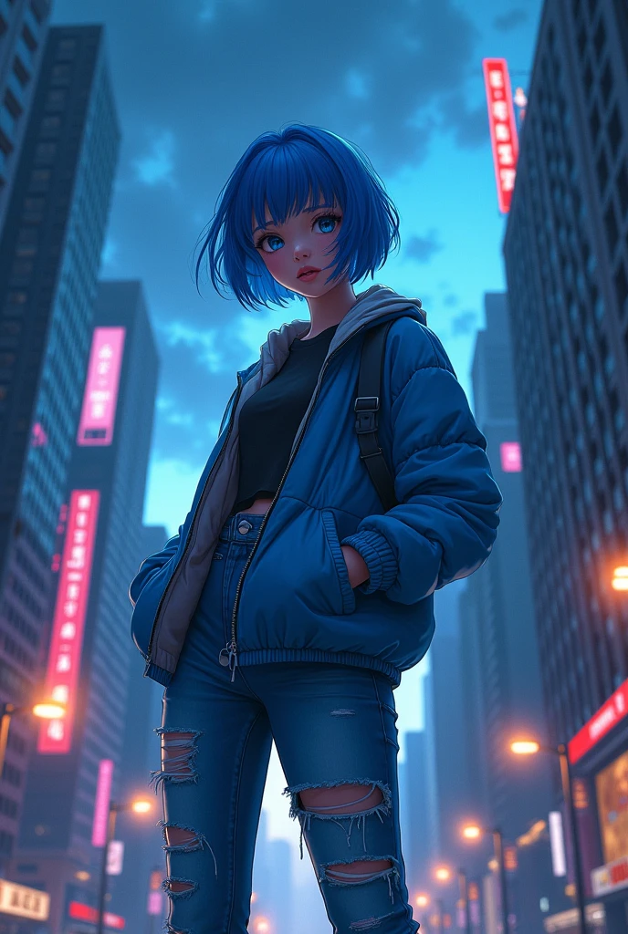 ((best quality)), ((masterpiece)), (detailed), 1girl, solo, street, blue jacket, ripped jeans, blue shoes, view bellow, half short blue hair, city background, 8k, anime graphics, ultra detail, beautiful dark sky