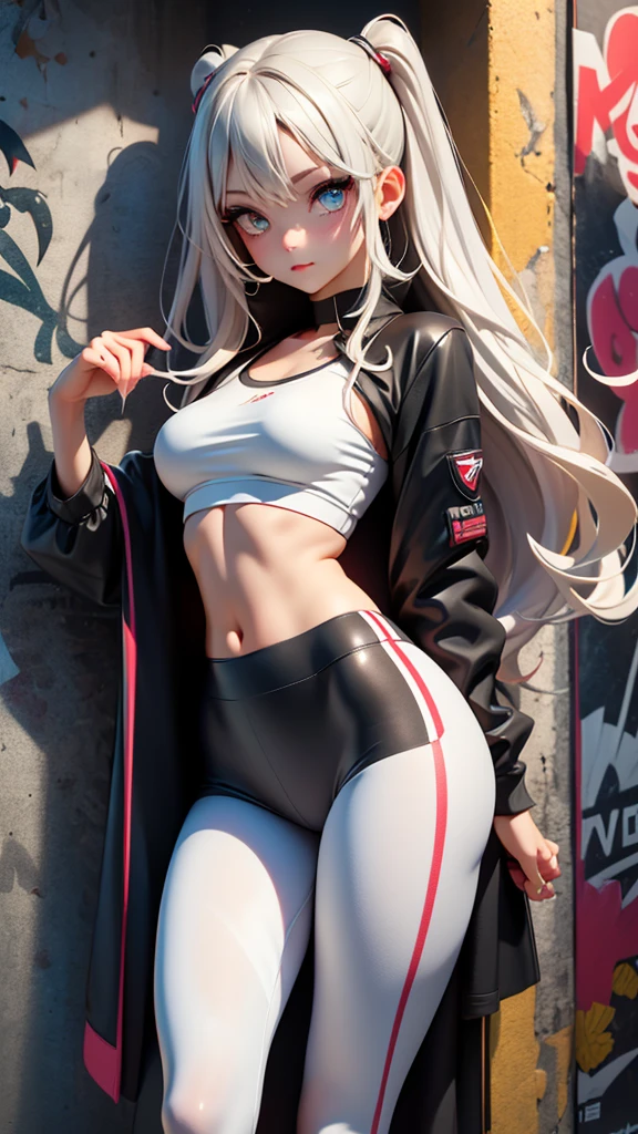 (hyper realist), (illustration), (high resolution), (((32K))), (extremely detaild), (best illustration), (beautiful detailed eyes), (best qualityer), (ultra detali), (work of art), ( wall-paper), (face detailed), standing alone, 1 girl, wavy white hair, korean, Heterochromic Eyes, small spots under the eyes, white loose shirt, yoga pants, breasts big, Legs long, tight abdomen, camel fingers, dynamic pose,showing breasts outside clothes