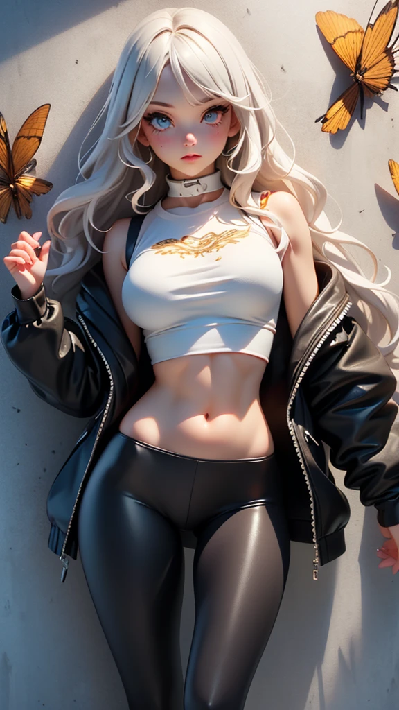 (hyper realist), (illustration), (high resolution), (((32K))), (extremely detaild), (best illustration), (beautiful detailed eyes), (best qualityer), (ultra detali), (work of art), ( wall-paper), (face detailed), standing alone, 1 girl, wavy white hair, korean, Heterochromic Eyes, small spots under the eyes, white loose shirt, yoga pants, breasts big, Legs long, tight abdomen, camel fingers, dynamic pose,showing breasts outside clothes