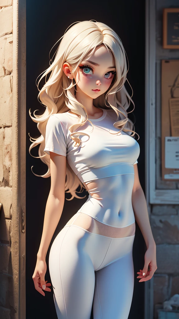 (hyper realist), (illustration), (high resolution), (((32K))), (extremely detaild), (best illustration), (beautiful detailed eyes), (best qualityer), (ultra detali), (work of art), ( wall-paper), (face detailed), standing alone, 1 girl, wavy white hair, korean, Heterochromic Eyes, small spots under the eyes, white loose shirt, yoga pants, breasts big, Legs long, tight abdomen, camel fingers, dynamic pose,showing breasts outside clothes