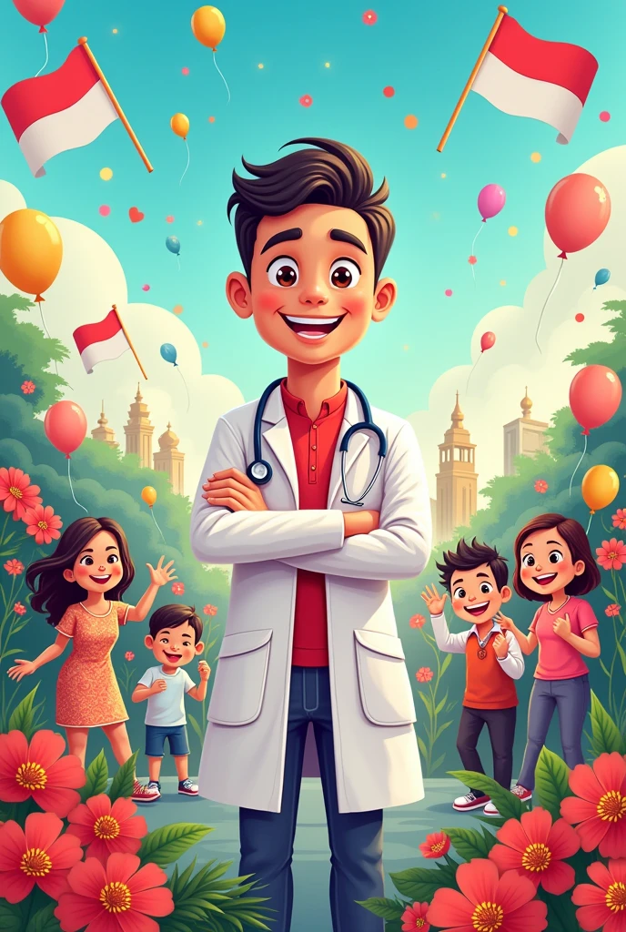 Cartoon poster for Indonesian Independence Day with a medical theme