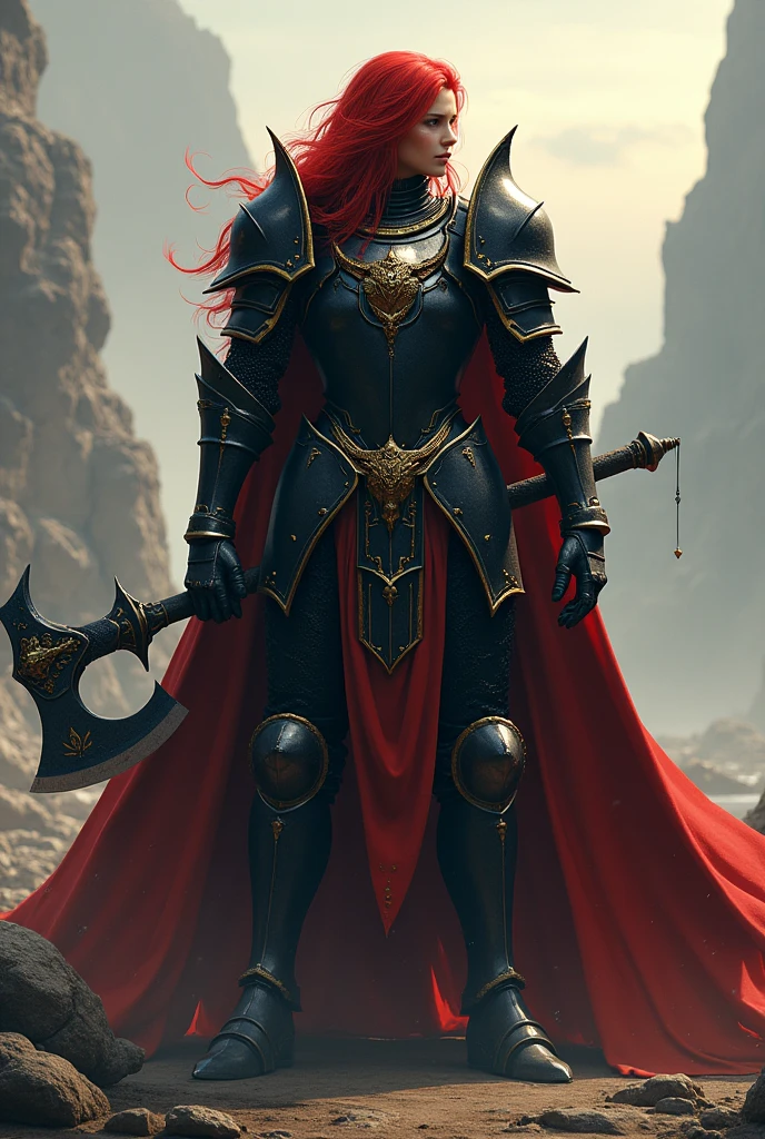 A knight with red hair and sturdy black armor with gold decoration armed with a double-edged axe