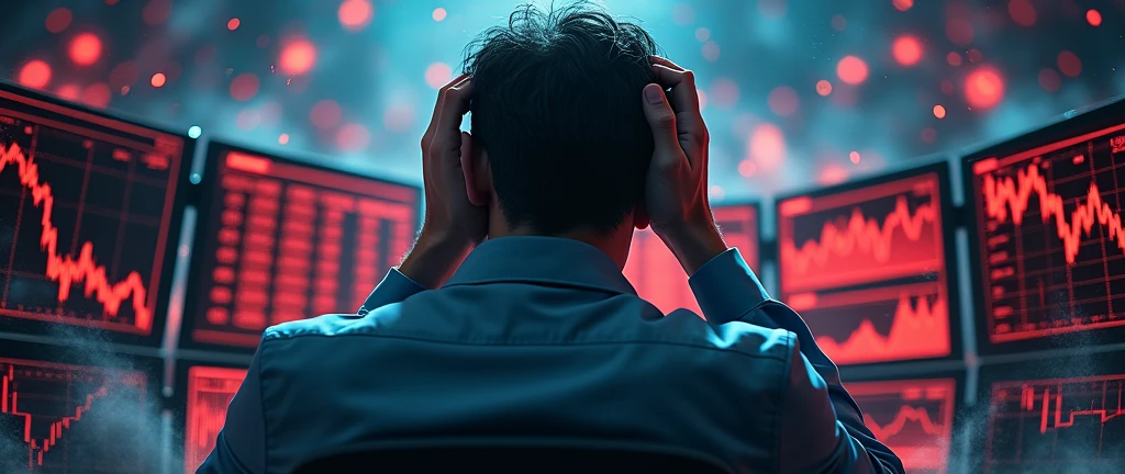 stressed stock exchange trader, overwhelmed and distraught, struggling to comprehend a sudden stock market collapse, surrounded by screens displaying plummeting red graphs and negative ticker information, financial crisis concept vividly portrayed with a stock broker in despair, intense focus on the emotion of shock and frustration, dark and tense atmosphere with harsh lighting emphasizing the urgency and severity of the situation, real-time data flashing in the background, capturing the chaos and anxiety of a market crash