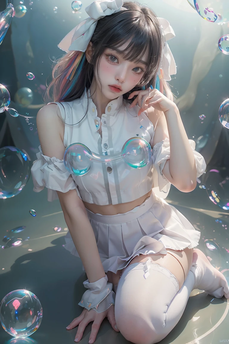 (masterpiece), (best quality), (official art, extremely detailed CG unity 8k wallpaper), (highly detailed), ((absurdres)), 1girl, mid shot, (exquisite facial features),(serafuku:1.3) ((sfw)),((clear hands)), ((white thighhighs without shoes)),aqua eyes, color contact lenses, stars in the eyes, (((colorful bubble))), colourful glass, (album cover)