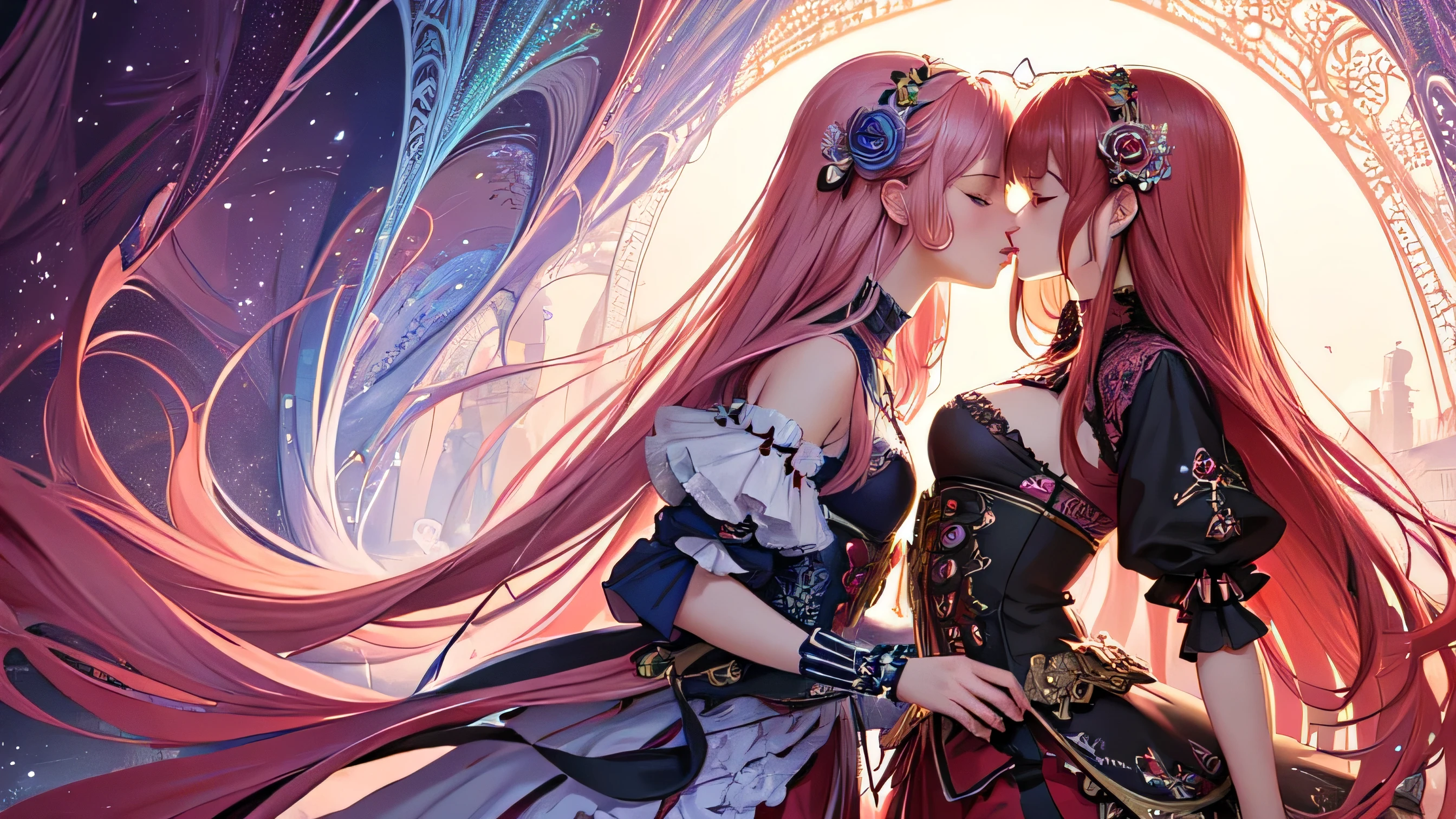 (masterpiece, Highest quality, Highest quality, Official Art, beautifully、aesthetic:1.2), (Two Girls), Very detailed,(Fractal Art:1.3),symmetry,Most detailed、Kissing、Pink Hair、Red Hair、Waist-down angle