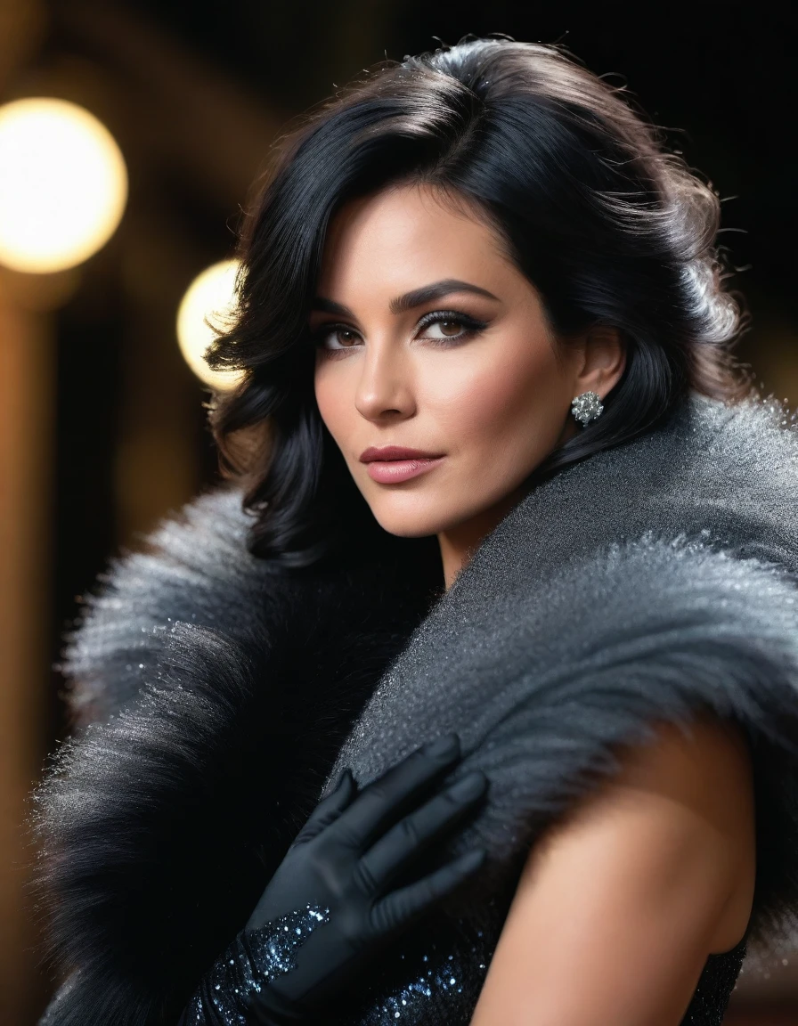 Hyperrealistic portrait of young femme fatale woman with black glittery cascade hair, 45 ans, dressed in a very voluminous femme fatale coat and thick fur stole around bare shoulders and crystalline black evening formal dress underneath of it and wearing a long black elbow gloves, Realistic photo, dynamic lighting, affiche, volumetric lighting, highly detailed faces, 4k, prime,, 1fille, , discret,Tir de cow-boy ,cheveux longs,Cheveux noirs, very big breasts, festival de Cannes, 