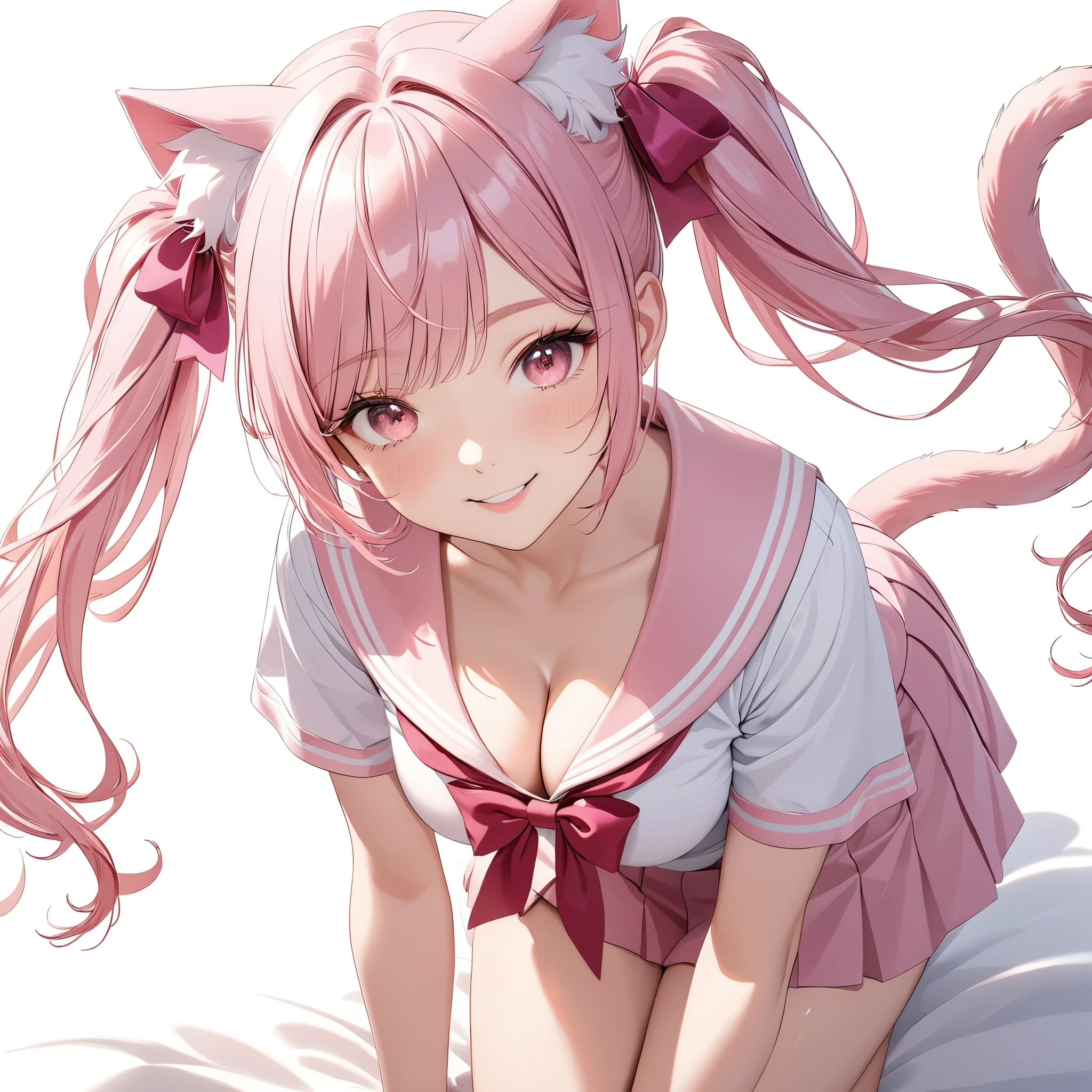 (8K, masutepiece, Best Quality, Official art, Breathtaking beauty and aesthetics, highly beautiful lighting, highly beautiful detailed), (1 Girl, Solo), (sixteen years old), (beautiful detailed face), (shiny white skin), (Beautiful big bust, cleavage, thighs, navel:1.3), (beautiful detailed pink twin tails hair, Bangs:1.3), (beautiful detailed drooping pink eyes:1.5), (high school uniform:1.3), (patsel pink sailor collar, white short sleeves short length outing shirt, pastel pink pleated skirt, patsel pink ribbon:1.3), (happy smile:1.2), (cute cat ears, cute fluffy cat tail:1.3), (Attractive, sensational, look at the camera, cute pose, lie on her back, from above:1.3), (simple white plain background:1.5),