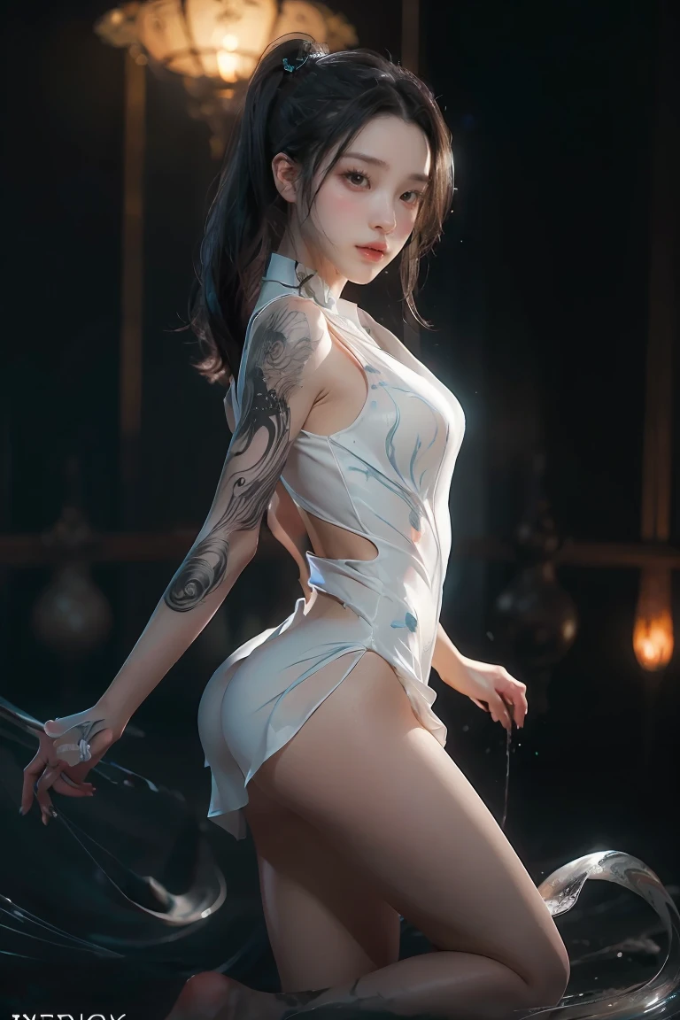 ((masterpiece, best quality)), ultra detailed 8k, photorealistic, sharp focus, highly detailed, professional lighting , shadowmancer, photo of a woman, ink particle, ((swirling black ink floating around)), futuristic fantasy, futuristic white dress, dynamic pose, realistic, masterpiece, intricate details, detailed background, depth of field,