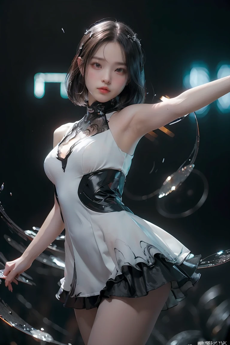 ((masterpiece, best quality)), ultra detailed 8k, photorealistic, sharp focus, highly detailed, professional lighting , shadowmancer, photo of a woman, ink particle, ((swirling black ink floating around)), futuristic fantasy, futuristic white dress, dynamic pose, realistic, masterpiece, intricate details, detailed background, depth of field,