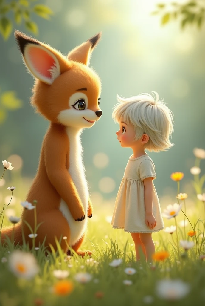 a light brown furry girl, looking at a girl in the distance with short hair, white and thin with a boy a little taller than her, hair down to the ears, that the short-haired white girl is hugging him