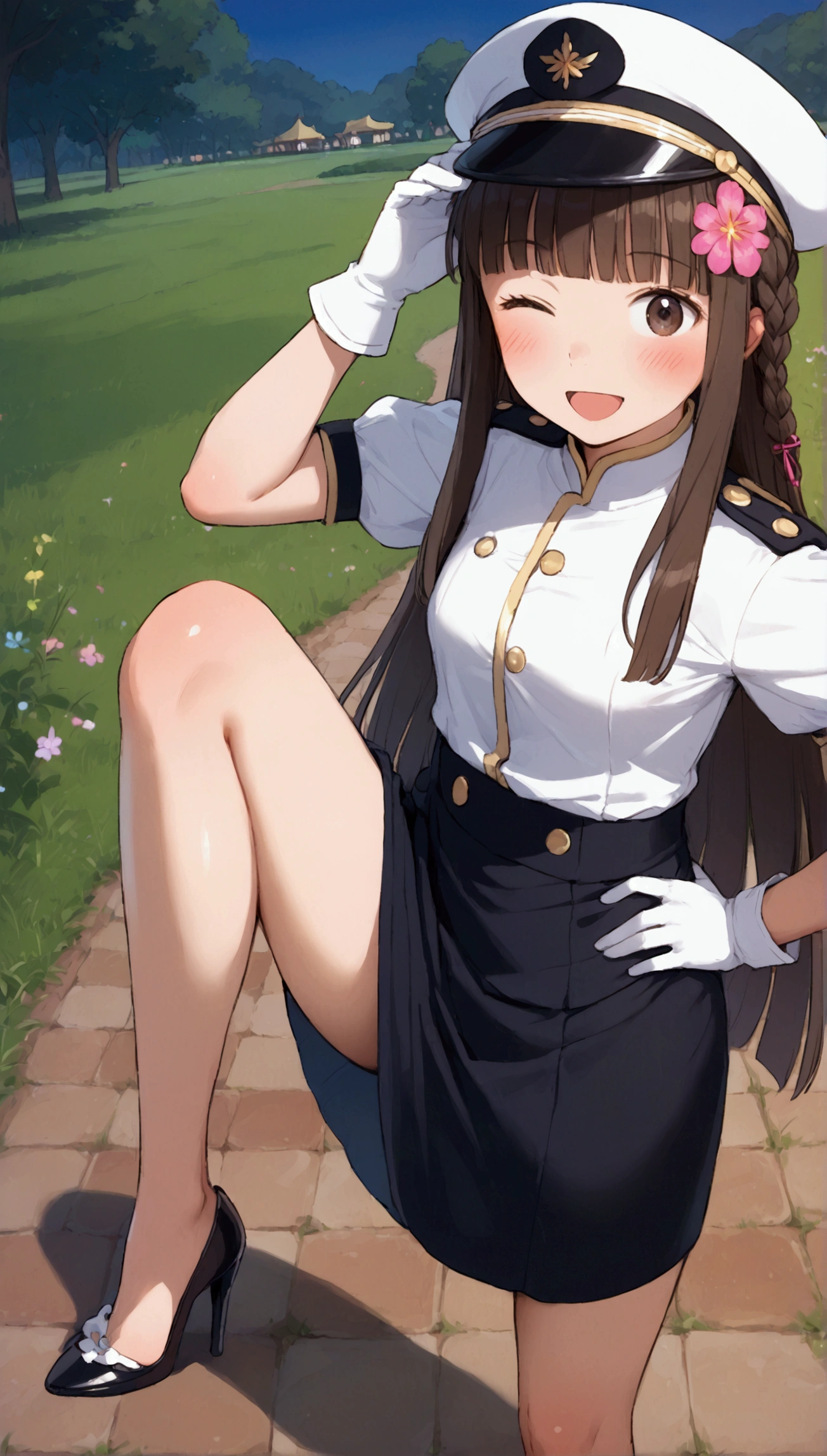 {Highest quality}, {Super beautiful},{Ultra fine},{Best illustration},Brown Hair,Hime cut,long hair,Braid,One woman,Standing Woman,Strike a pose,Adult women,smile,Excited face,Wink,Uniform cap,White Shirt,Short sleeve,long black skirt,White gloves,Night Festival,Blushing,Slender,Black stiletto heels,barefoot,From an angle,From above,Put one hand on your hip,Spread your legs,Lift one leg up