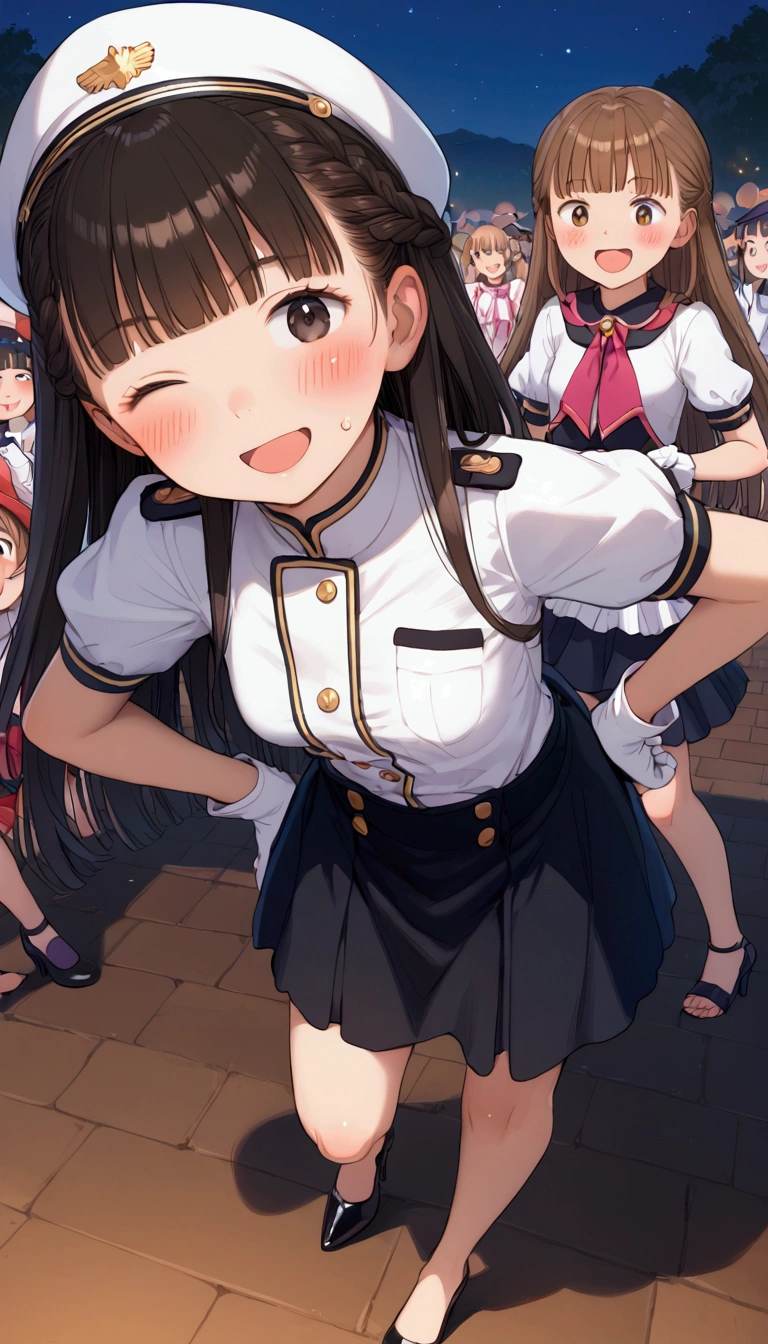{Highest quality}, {Super beautiful},{Ultra fine},{Best illustration},Brown Hair,Hime cut,long hair,Braid,One woman,Standing Woman,Strike a pose,Adult women,smile,Excited face,Wink,Uniform cap,White Shirt,Short sleeve,long black skirt,White gloves,Night Festival,Blushing,Slender,Black stiletto heels,barefoot,From an angle,From above,Put one hand on your hip,Spread your legs,Lift one leg up