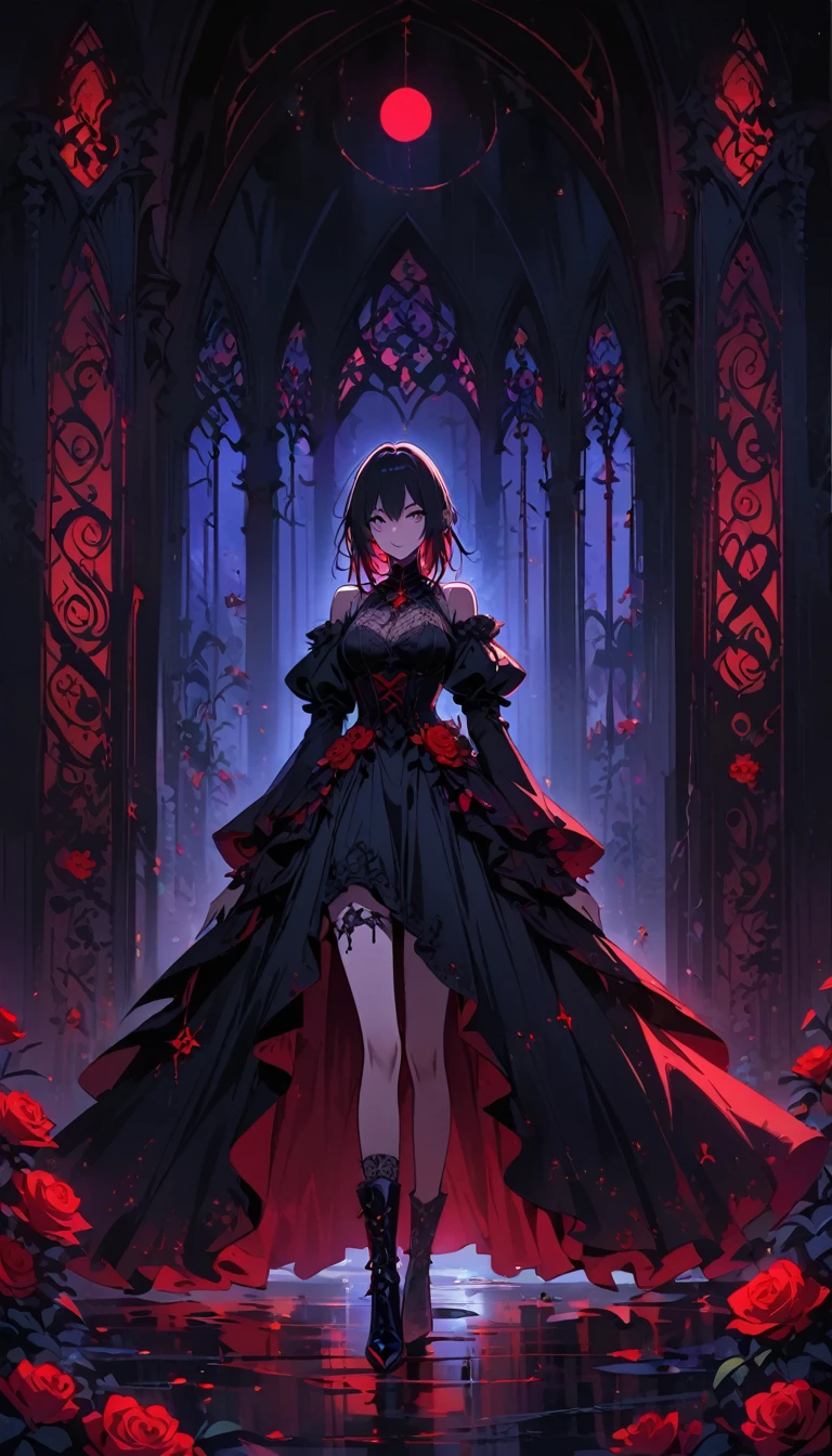 Dark and mysterious,night,Rain of Blood,gothic anime girl,Let me show you the God of Death!哥特式非同寻常的An artistic masterpiece,ominous clouds,unforgettably beautiful,Ethereal moonshine,strange shadow,strong contrast,nasty,An artistic masterpiece,detailed texture,dark palette,ominous atmosphere,impressive artistry,exquisite details,Gothic architecture,dramatic lighting,Bright red shade,ominous numbers,strange symbols,Surreal elements