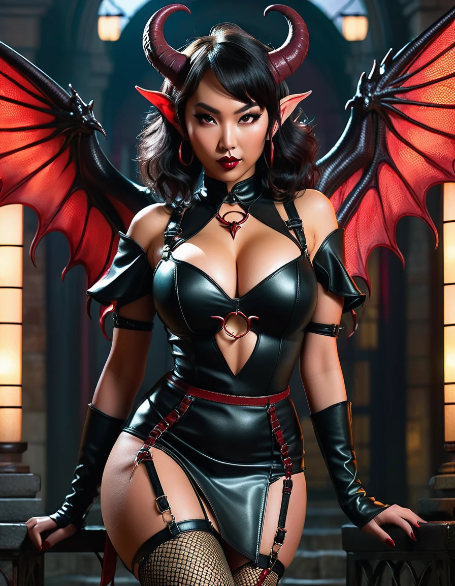 a beautiful asian tiefling succubus in a black leather dress short skirt boots fishnet stockings garter belt, hyperrealistic, highly detailed, 8k, masterpiece, (exquisite details:1.4), (intricate details:1.3), cinematic lighting, dramatic pose, sultry expression, glowing red skin, horns, tail, wings, dramatic lighting, dark fantasy, cinematic composition