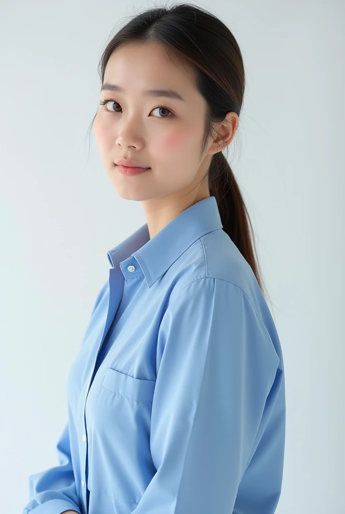 photo studio, female gender, neat blue shirt clothes, Body position tilted to the right with face straight to the camera, Plain white background, Photo size up to the belt section, left and right sides fully visible shoulders/Hands, make up natural, straight hair neatly tied back, clear photo results, Ultra HD photo quality