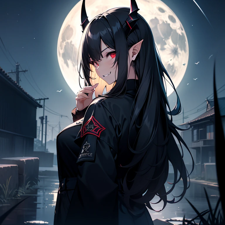 Masterpiece, best quality, high quality, 1girl, Solo, has Long hair, has Black hair, pointy ears, full-face blush, has Demon Horns, bat wings on her back, has Red eyes, beautiful and detailed eyes, Fangs out, wears a Blue Coat with farmer jeans, looking at viewer, grin, from behind, looking back, beckoning, see-through sleeves,
outdoors, full moon in the Background, dappled moonlight, Night sky, scenery, volumetric lighting, low key, high contrast, dark theme, vivid color, very aesthetic, absurdres