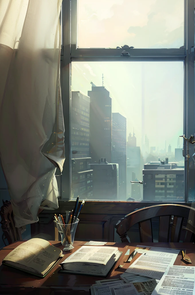 A book on a table lighted by the sunshine, windows, papers, pencil, bookshelf, view