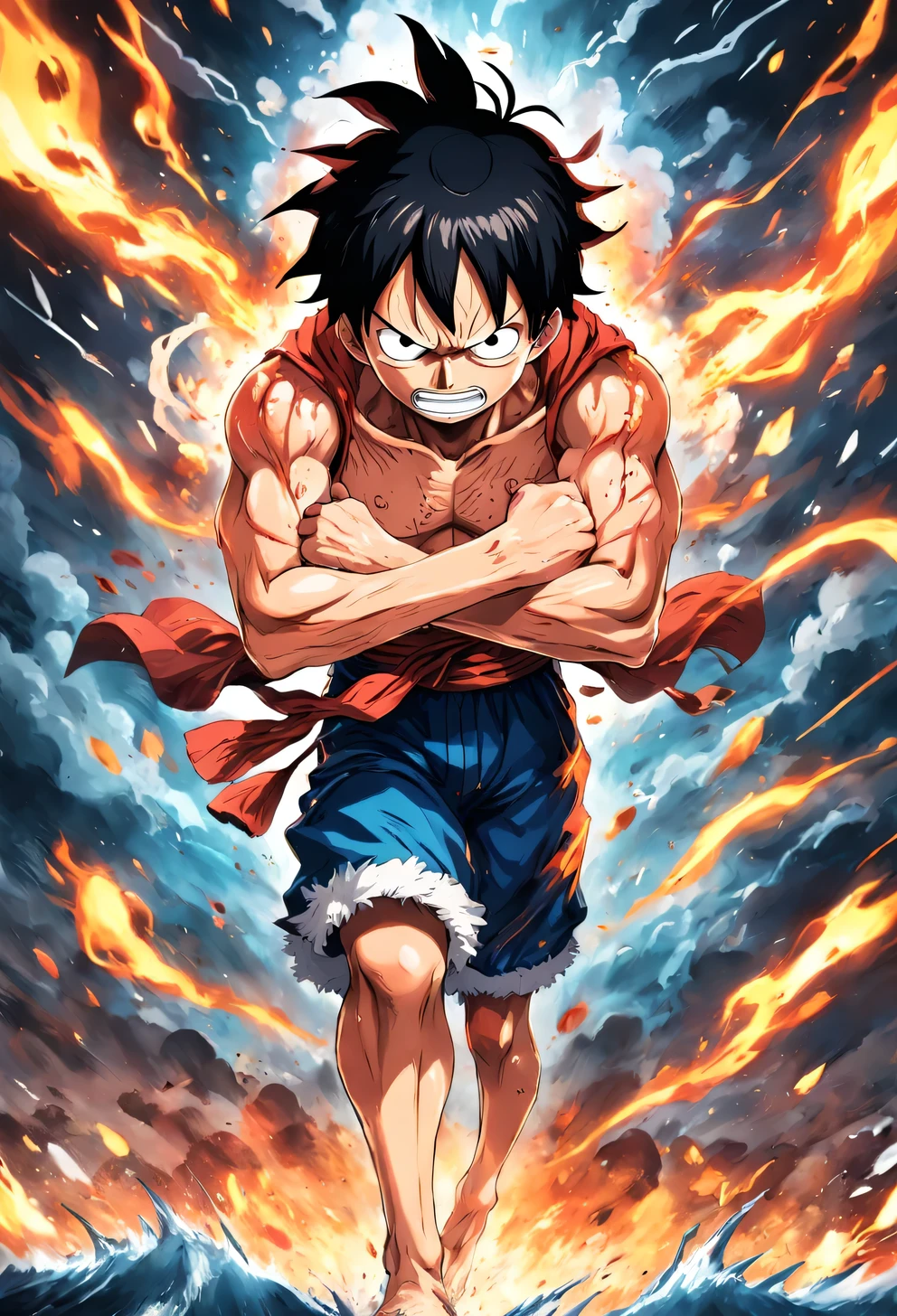 Design a gripping poster featuring Luffy from "One Piece" in a fit of rage. Capture the essence of his burning determination and unyielding spirit as he unleashes his wrath upon his enemies. Keep it short, bold, and intense to convey the raw power of Luffy's anger.