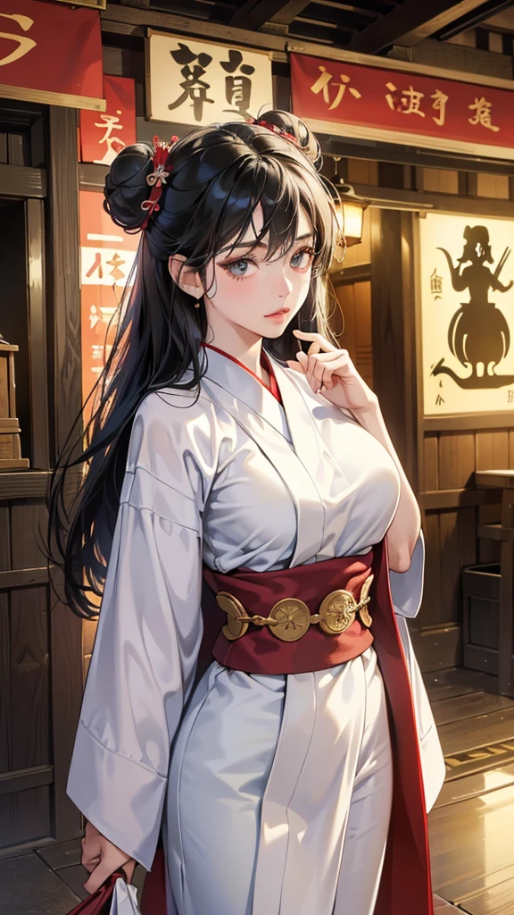 (perfect anatomy:1.2)(absurdres, highres, ultra detailed),masterpiece,best quality,high resolution,8k,Realistic face,Realistic skin texture,magnified textures, stunning clarity,(ultra detailed eyes and face),(1 girl:1.5),15 years old,black hair,bun,kanzashi,pale skin,Japanese shrine maiden, mysterious eyes,yukata for ryokan,thin body type,big breasts,(expressionless:1.2)(bashful:1.1),Steampunk in the meiji Period、(Vivid hieroglyph signs and street advertisements:1.2)、night、Lobby of Onsen Ryokan、hieroglyph,Ancient Egyptian statues,look at viewer,(from front:1.3),Delicate atmosphere、,cowboy shot