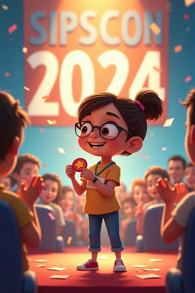 Create a pixar style image of Dr.Fida (must include name tag) a young girl winning a medal for a psychiatry quiz on a stage with delegates with a background of SIPSCON 2024 written on it