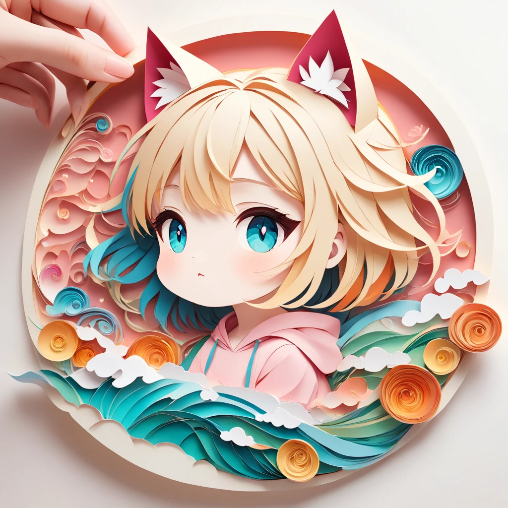 Cat ears of the same color as the hair、Paper cutting art,(Flat paper cutout,Paper Art,layered Paper Art,Paper Quilting, Digital Art),against a pure white background, girl,Blonde Hair Color、Cat ears of the same color as the hair、Turquoise Eyes、Pink short sleeve hoodie、(Attention to detail, masterpiece, Highest quality, Ultra-high resolution)