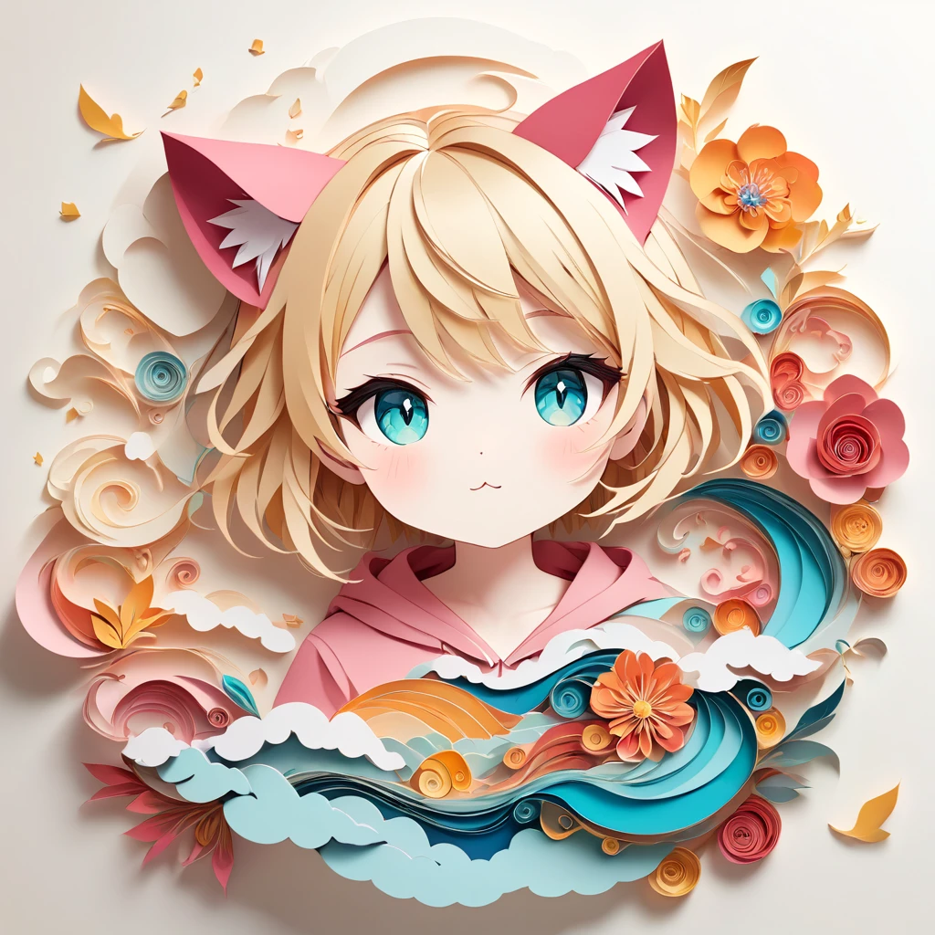 Cat ears of the same color as the hair、Paper cutting art,(Flat paper cutout,Paper Art,layered Paper Art,Paper Quilting, Digital Art),against a pure white background, girl,Blonde Hair Color、Cat ears of the same color as the hair、Turquoise Eyes、Pink short sleeve hoodie、(Attention to detail, masterpiece, Highest quality, Ultra-high resolution)