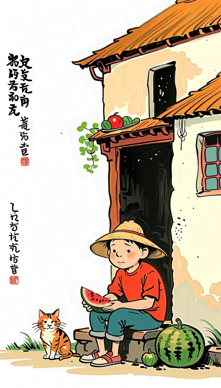 (((Negative Space:2，far away，Corner close-up，Large area of blank:2))).An old man wearing a straw hat sitting under a thatched roof eating watermelon,A tabby cat sitting beside. Simple lines,Flat shading,Featuring a Chinese-style cartoon character (Predominantly White Background:2),(Large area of blank),,Simple background,(Large area of blank）