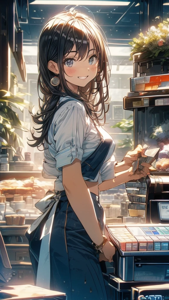 young woman,smile,((Standing inside the cash register)),Touching the cash register machine,Customer Service,((There is a cash register on the table)),(Scanning product barcodes at the cash register)),Supermarket clerk,Wearing an apron,uniform,((Working as a cashier)),((Cashier)),((cashier,register,)),((Receive money from customers)),There are products on the shelves,In the supermarket,Bright interior,grocery store