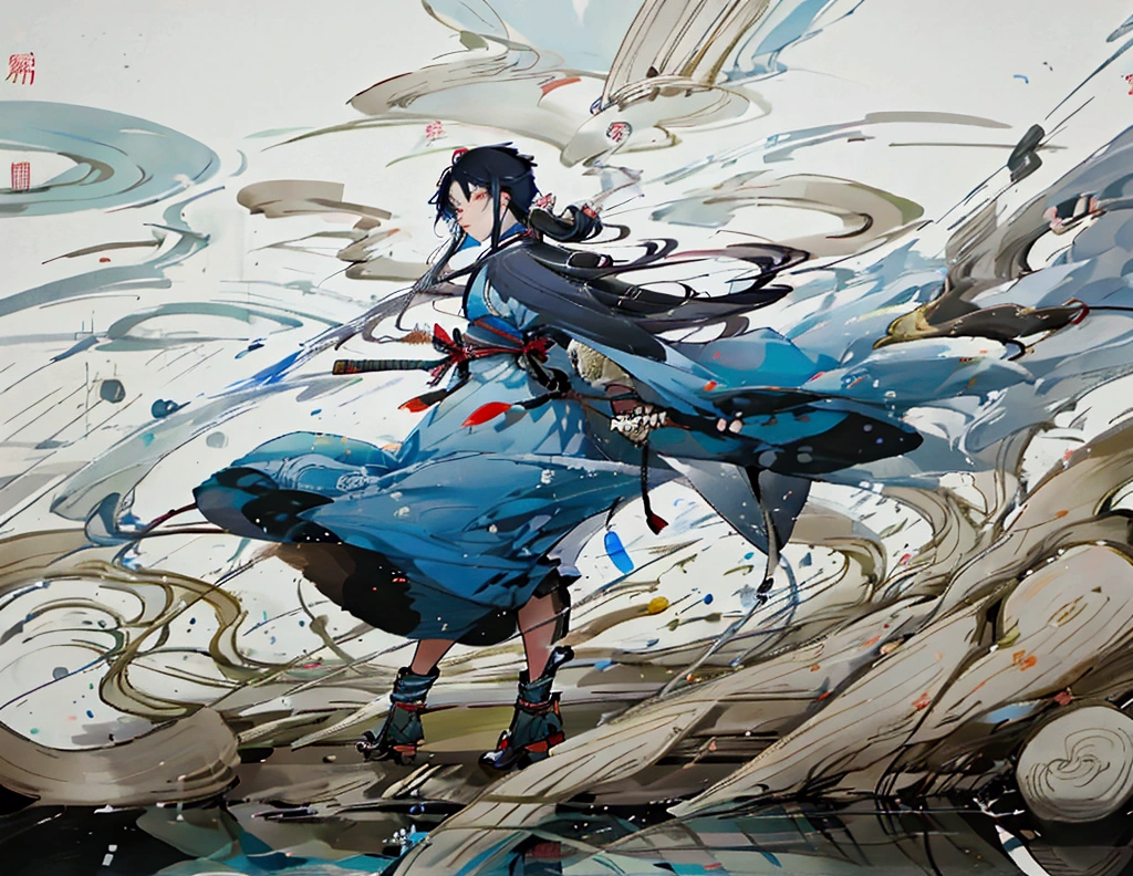 Long-haired anime man wearing blue kimono with katana and water whirlpool in background