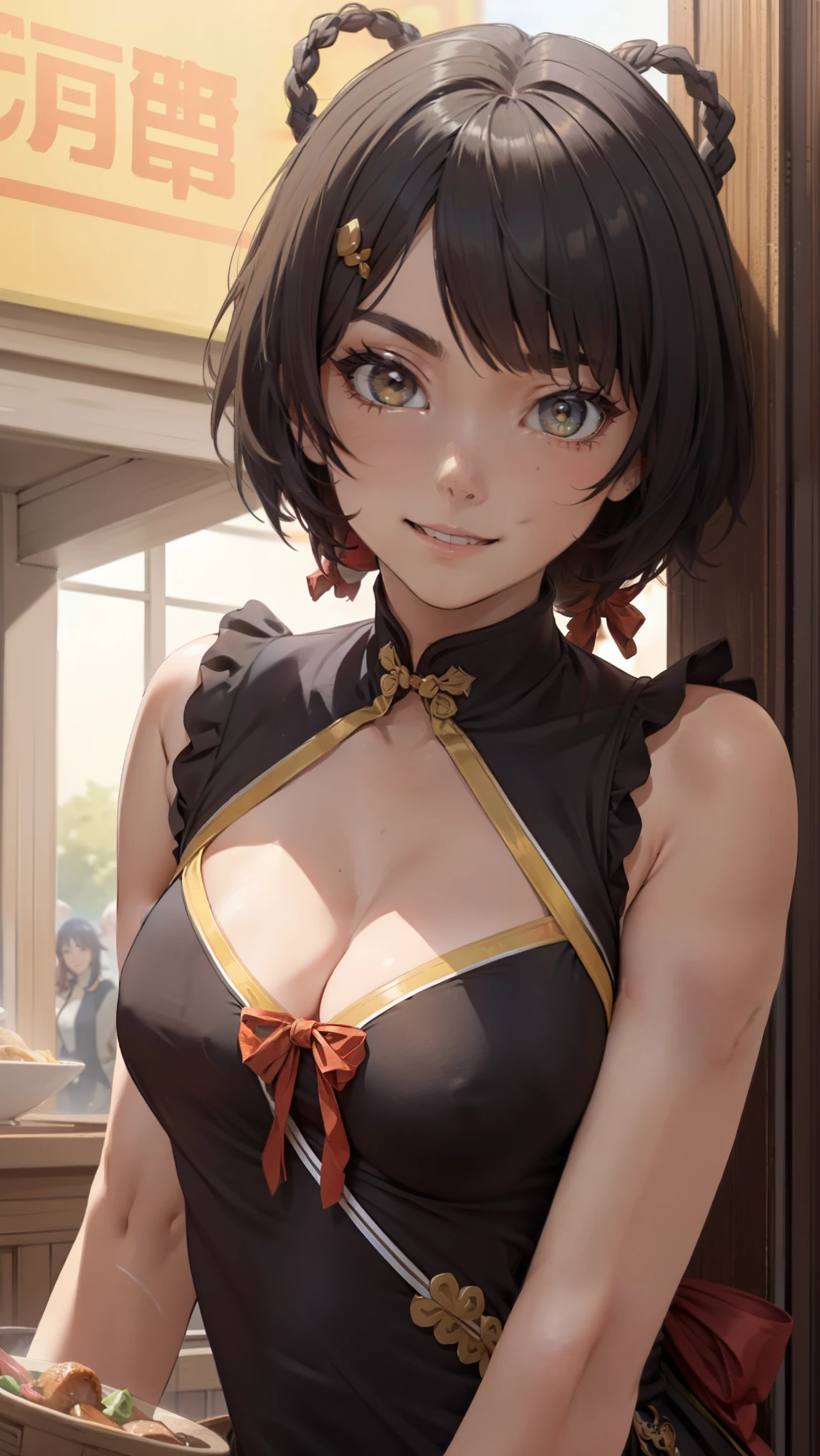 masterpiece, top quality, high detailed, detailed face, bright Eyes, outdoor, blurred background, dynamic poses, dynamic angle, (from the front),standing, (small breasts),(cleavage),(see through dress),(Looking forward:1.5), xianglingdef,joyful, laughing, hot and spicy, happy, in a old traditional Chinese restaurant