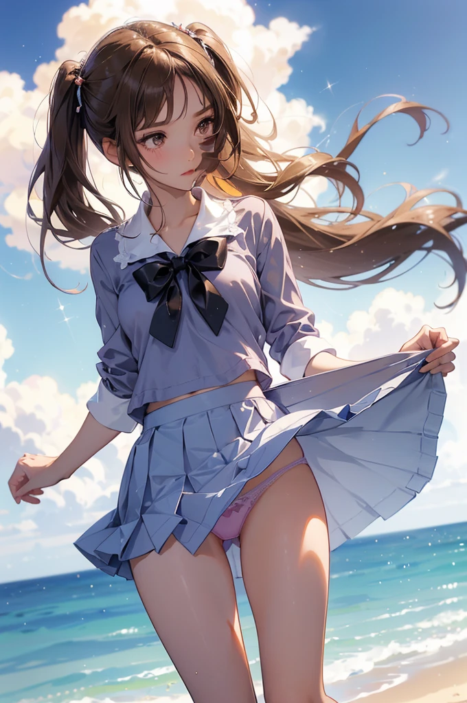 (Full Body Shot), Angle from below, woman ((Showing panties)), school Summer uniform,Pleated skirt, Summer uniform,barefoot,(((Closeup Panties))),((Small Bust)), Twin tails with bangs,((Sparkling brown eyes)),Big sky and wind, light makeup,