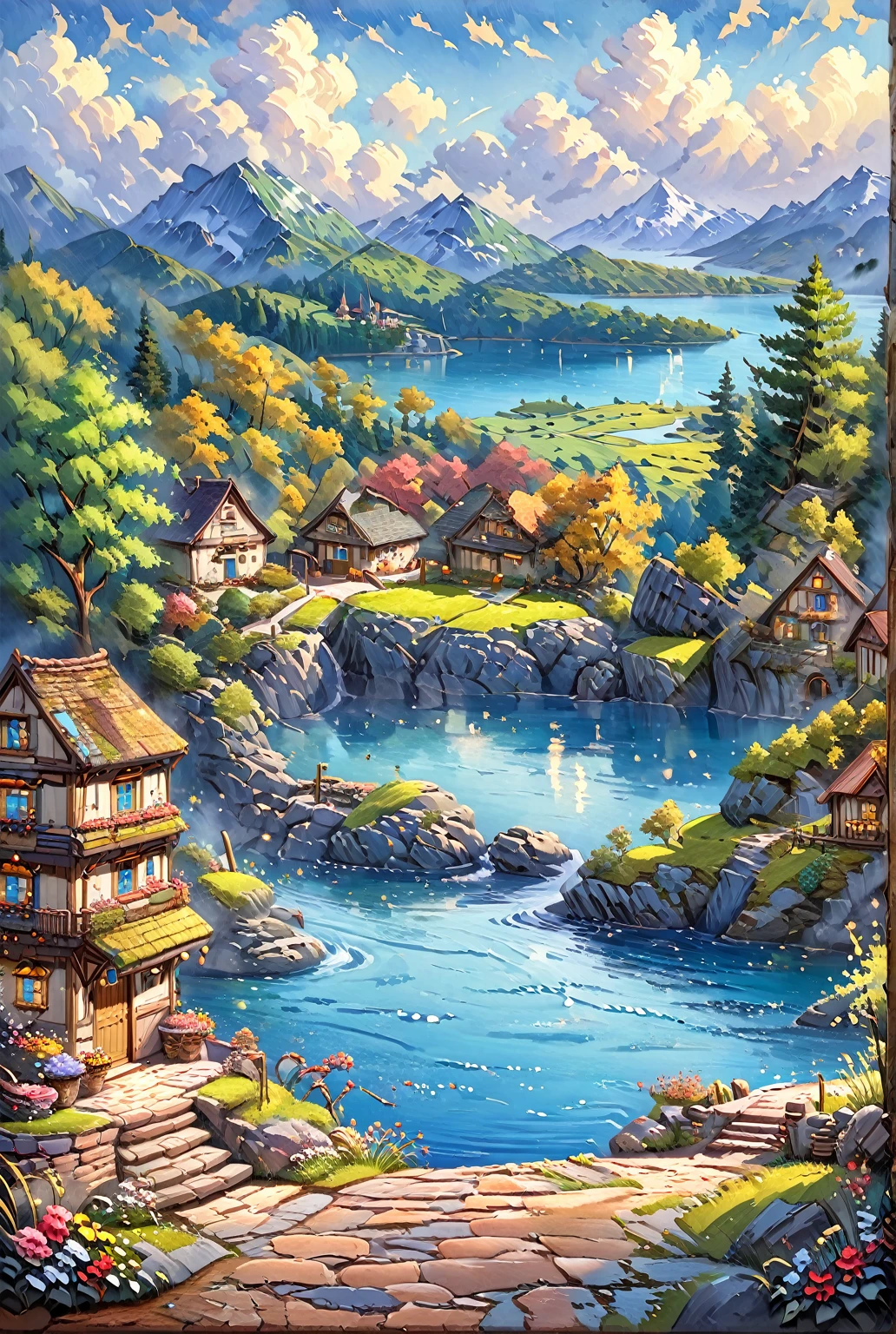 painting of two wooden chairs sitting on a stone patio overlooking a lake, scenery art detailed, scenery artwork, anime beautiful peace scene, beautiful anime scene, beautiful anime scenery, dream scenery art, blissful landscape, detailed scenery —width 672, beautiful painting, anime nature, vibrant gouache painting scenery, kilian eng and thomas kinkade, stunning painting