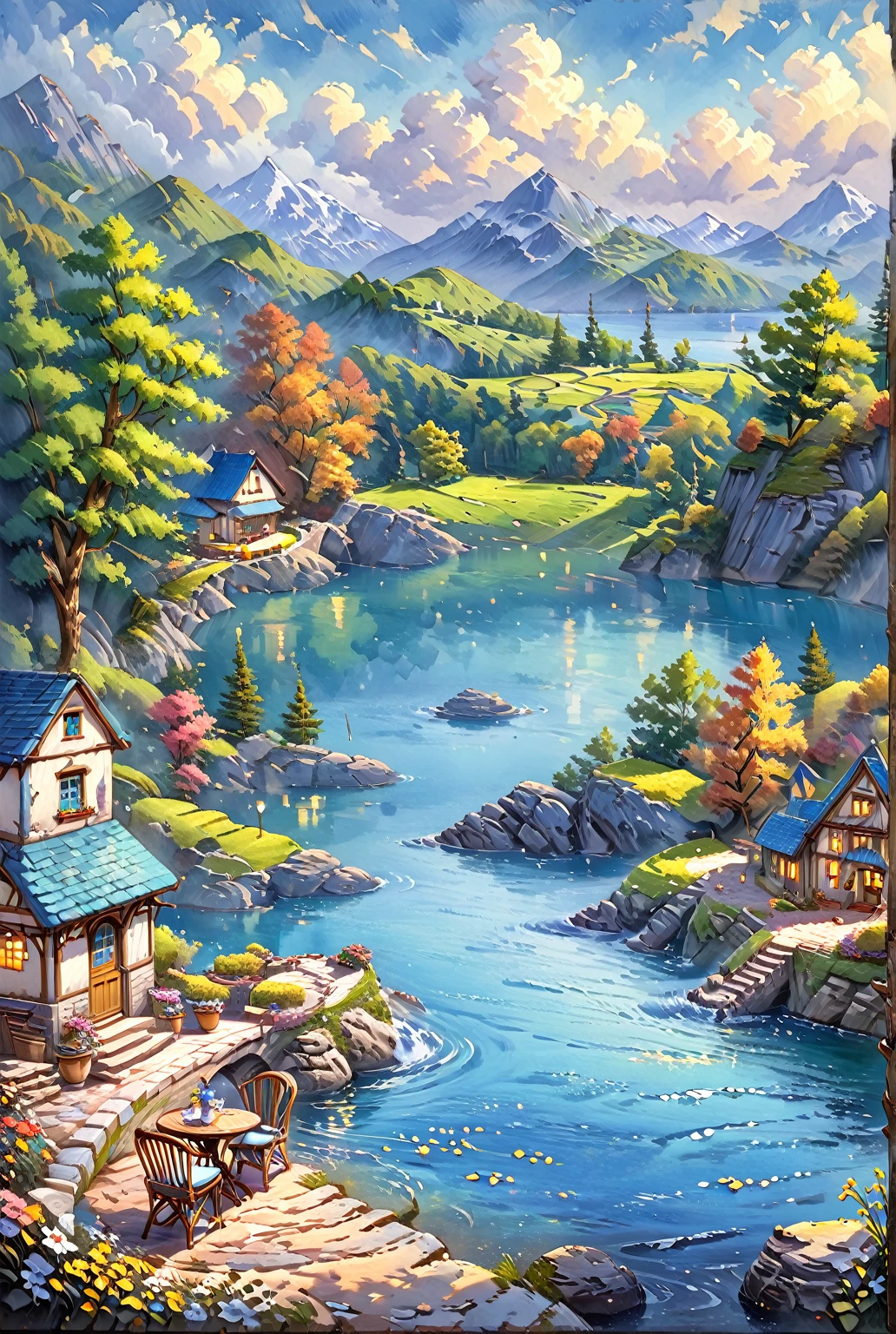 painting of two wooden chairs sitting on a stone patio overlooking a lake, scenery art detailed, scenery artwork, anime beautiful peace scene, beautiful anime scene, beautiful anime scenery, dream scenery art, blissful landscape, detailed scenery —width 672, beautiful painting, anime nature, vibrant gouache painting scenery, kilian eng and thomas kinkade, stunning painting