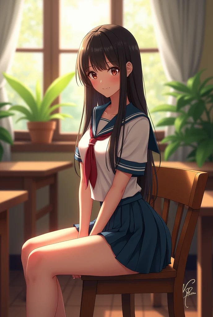 (photorealism:1.2), beautiful woman, sitting on a Chair , wearing female japanese uniform with short skirt, long straight hair, classroom, soft lighting, plants in background, window with sunlight, cozy room, sexy pose, showing boobs 
, realistic, intricate details
