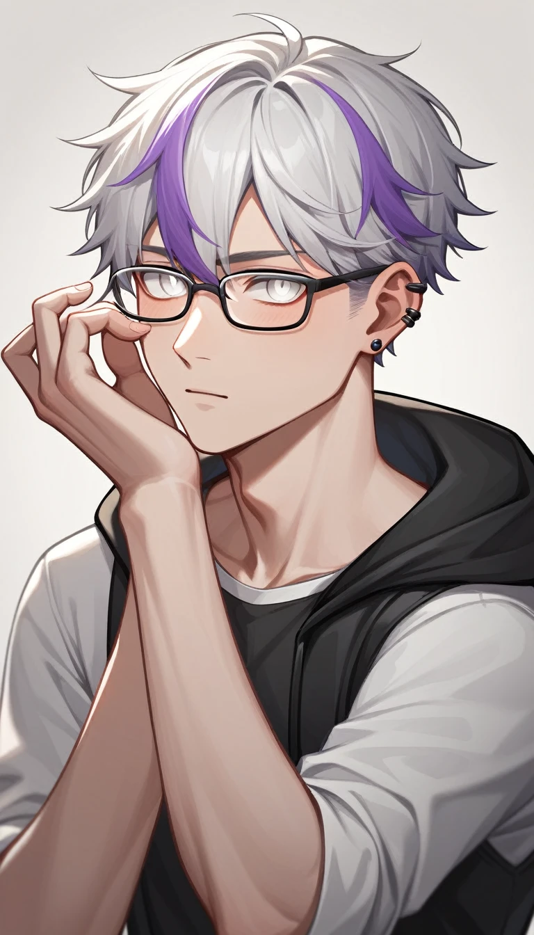 A young man with medium length white hair with purple highlights, Up to the neck, Ear Piercing, White eyes, Wear short clothes. Your chin is pervertedly placed under your hand. white, Her sexy short outfit features red and orange., A man next to glasses with clear and purple lenses