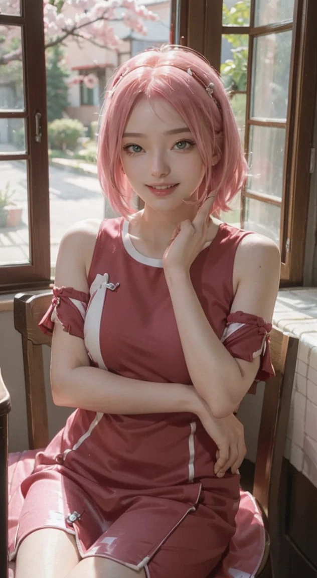 beautiful sakura haruno , pink hair girl, ((red dress)), adolable , 15 year old girl, sitting at the dining table, Sunlight outside the window, (smile of her beautiful face) beautiful smile, big smile, happy face on birthday , White teeth