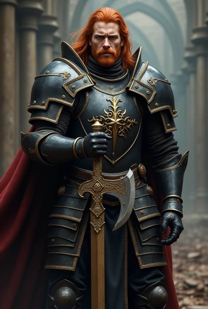 A knight, a man with red hair and sturdy black armor with gold decorations, armed with a double-edged axe.