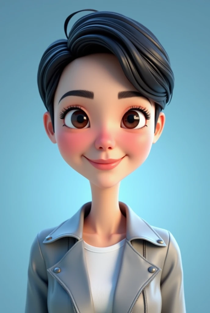 Create cartoonish caricature 3D animation with a big head. a 19 year old Indonesian woman. She has short, black pixie-cut hair. Her face is oval-shaped with smooth lines, thick and neat black eyebrows, normal  eyes, a small pointed nose, and thin lips with a wide, friendly smile. She is wearing a light grey leather jacket over a white t-shirt. Gradient blue background with professional lighting. masterpiece, top quality, skin and face very detailed, ultra-realistic, high definition, studio lighting, sharp focus, body angle 2/3, Concept Art, 3D render.