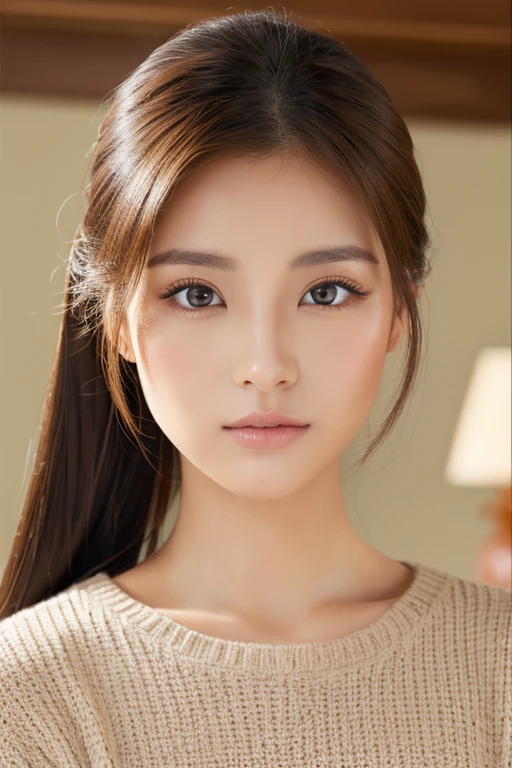 ((Browsing Caution))、(masterpiece:1.5)、(8k)、(Photorealistic:1.5)、RAW Photos、(Best image quality:1.4)、(Sharp focus:1.5)、 Highest quality、masterpiece、Ultra-high resolution、Perfect dynamic composition、
30-year-old Japan model、Big tits,thin、Unwind in the living room、Beautiful woman:1.4、Serious expression、 
Knitted sweater(Tight Dress)Wearing、
 Light brown hair、Hairstyle: Ponytail、Shiny Hair、 
Super detailed face、Detailed eyes、double eyelid、 Natural color lip、Clear Skin、
huge ,